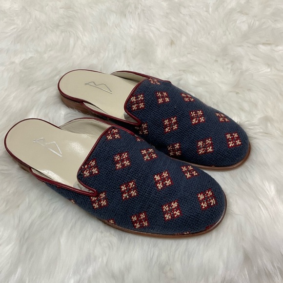 Rare Vero Cuoio Navy and Burgundy Patterned Mules - Picture 8 of 10